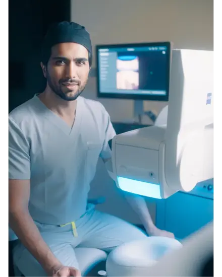 Augenarzt Frankfurt Professor Mehdi Shajari in OP-Kleidung vor dem Augenlaser Visumax 800 von Zeiss